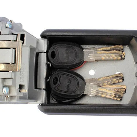 Metal die-cast anti-theft code storage box in grey, small size 117x82x37mm, for garage key storage.