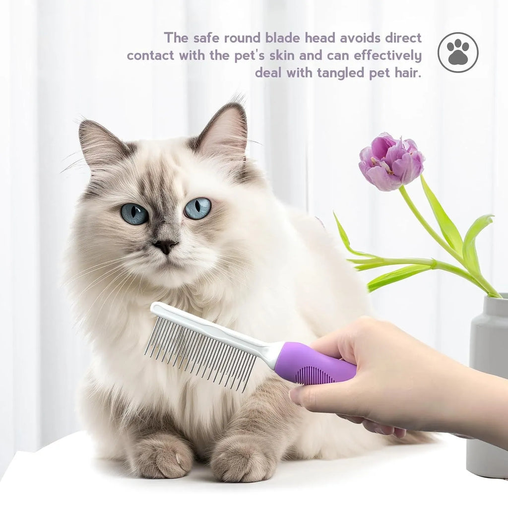 Purple pet detangling comb with stainless steel teeth for dog and cat grooming