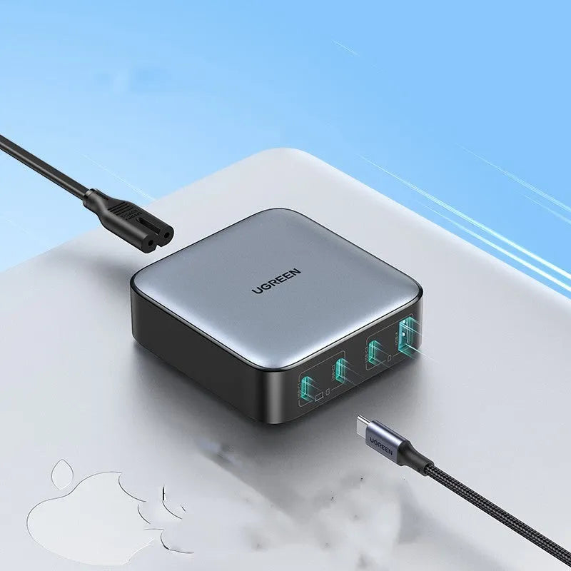 100W Gallium Nitride GaN multi-port USB-C fast charger plug on a table