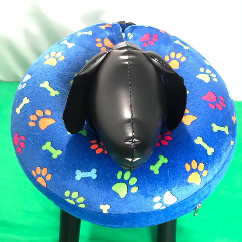 Blue inflatable pet collar with flocking finish for dogs, removable and easy to clean