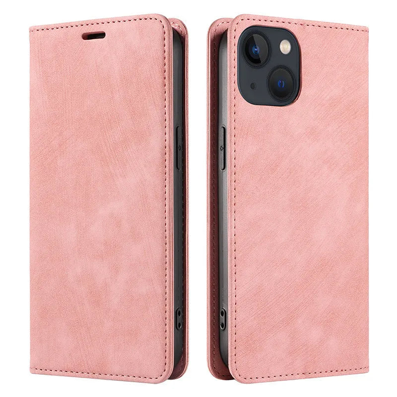 Magnetic flip phone case for iPhone in multiple colours showing front flap closed.