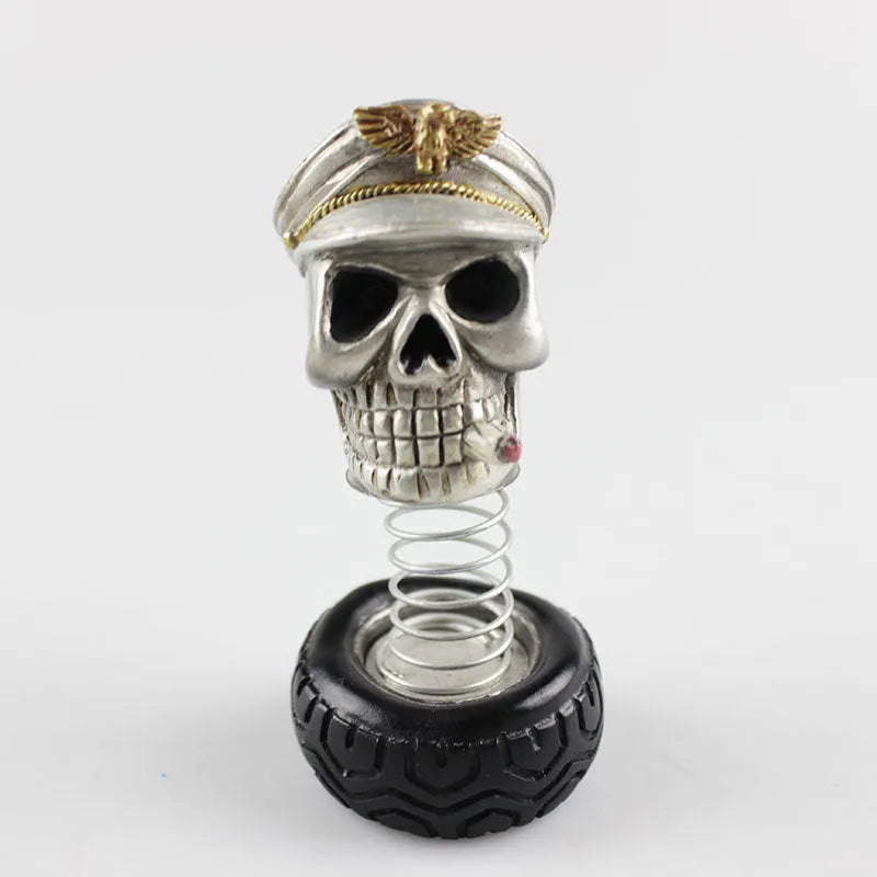 Resin car skull bobblehead ornament with military cap or sunflower headband, swinging car interior decoration
