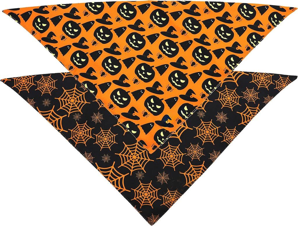 Halloween dog bandana with pumpkin and spider web patterns in black and orange colours