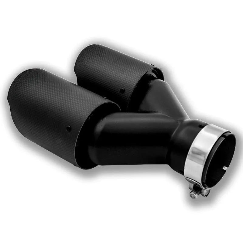 Black carbon fibre car exhaust modification silencer with dual outlet tailpipes