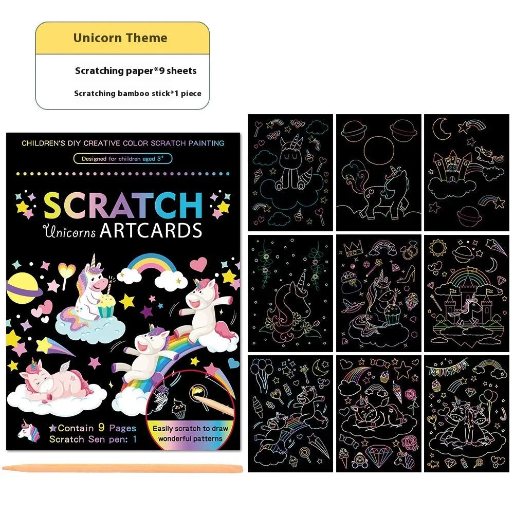 DIY graffiti scraping painting paper kit with scratch tool, showing colourful animal theme artwork revealed on black paper