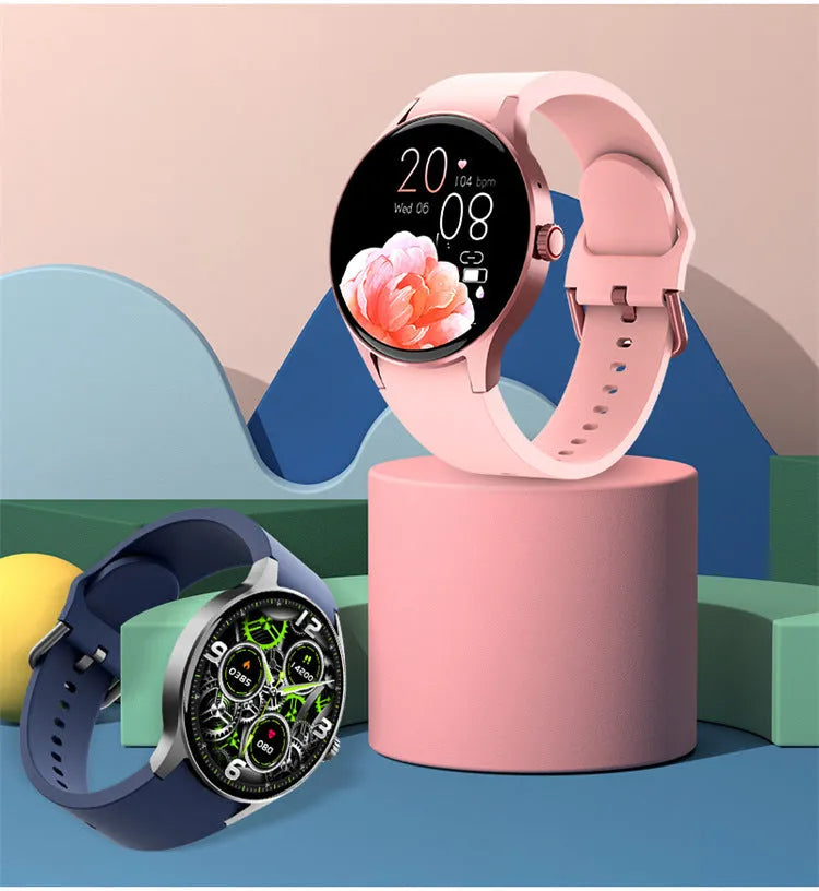 Black Bluetooth smart sport watch with round touch screen on a wrist, showing IP68 waterproof rating and magnetic charger.