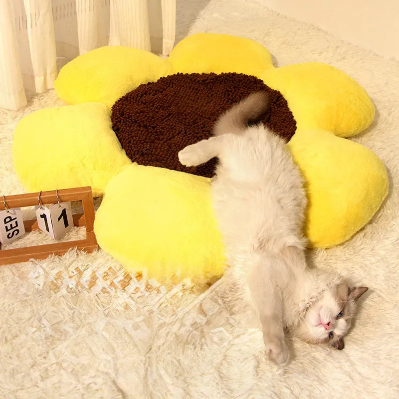 Large round plush cat bed with raised sides in blue or yellow colour