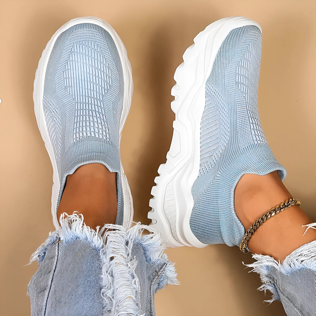 Light blue women's mesh slip-on sports shoes with round toe and mid heel