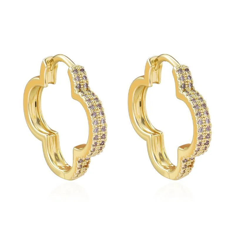 Gold copper heart-shaped earrings with micro-inlaid zirconia stones geometric design