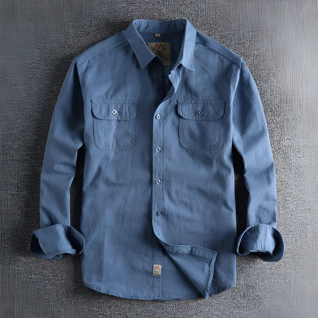 Men's light blue cotton long sleeve cardigan style shirt on hanger