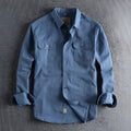 Men's light blue cotton long sleeve cardigan style shirt on hanger