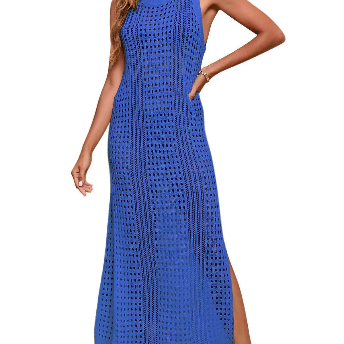 Long loose knit beach blouse for women in a solid colour, showing hollow-out detail and V-neck.