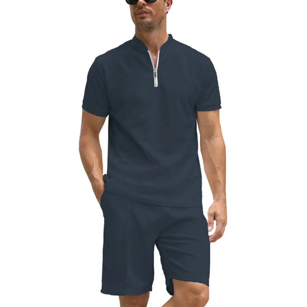 Men's solid colour two-piece polo shirt suit set with short sleeves and matching trousers