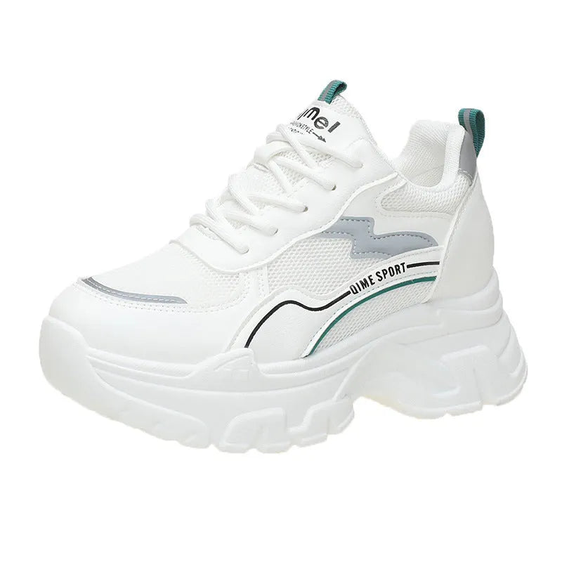 Women's white breathable dad shoes with cross strap and lace-up design, featuring height-increasing insoles.