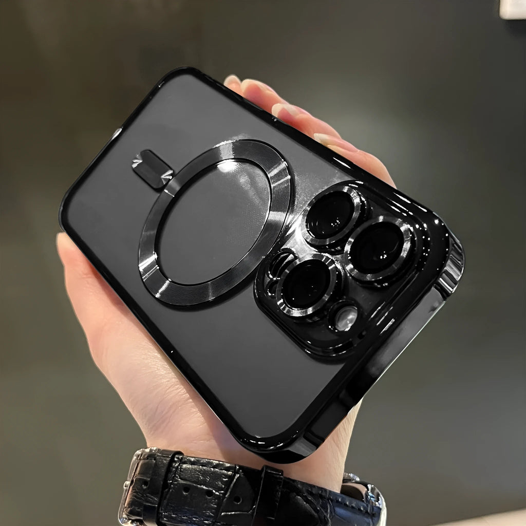 TPU electroplating magnetic phone case for iPhone 15 16 17 series in black showing transparent back and reflective edges