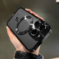 TPU electroplating magnetic phone case for iPhone 15 16 17 series in black showing transparent back and reflective edges