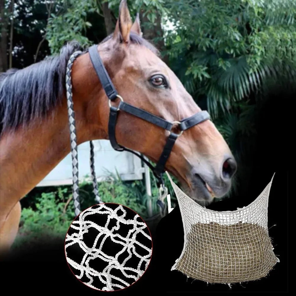 Woven grid horse hanging feeding bag in black or white with PE rope construction for cattle and sheep