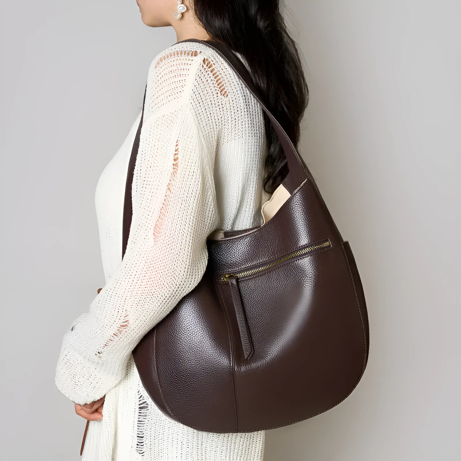 Genuine leather top layer cowhide shell tote bag in black with open outer pocket