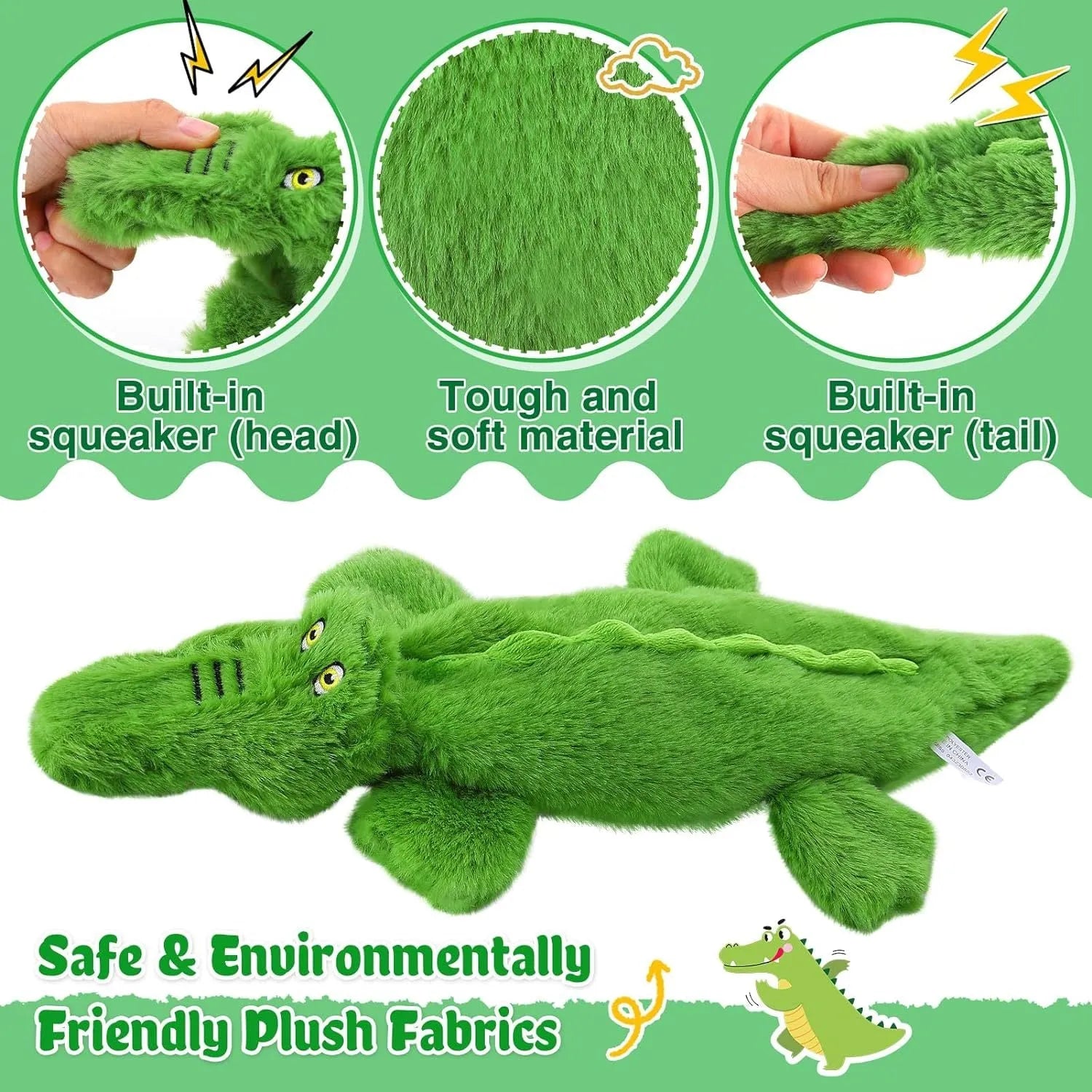 Green crocodile plush dog toy with no stuffing design for aggressive chewers