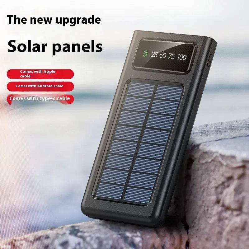 Black and white solar power bank with built-in cable showing 20000mAh capacity and dimensions.