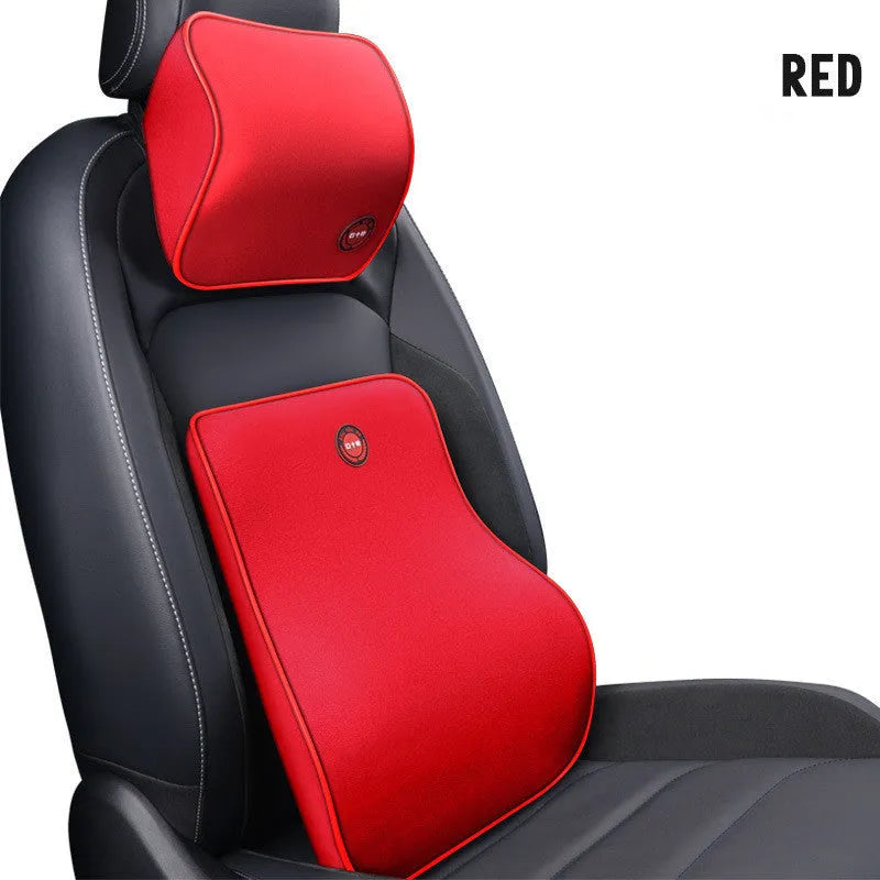 Car headrest and lumbar support pillow set in black, grey, coffee, or red, with polyester cover and bamboo charcoal memory foam filling, 0.9kg.