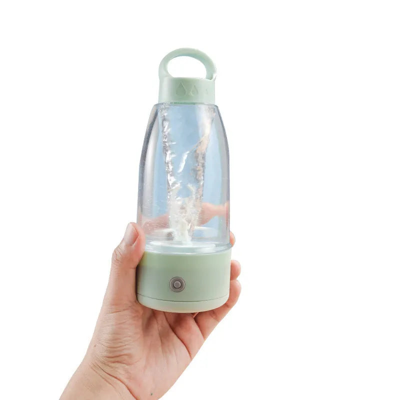 Automatic electric shaker bottle with USB charging port and handle in green, pink, and white colours