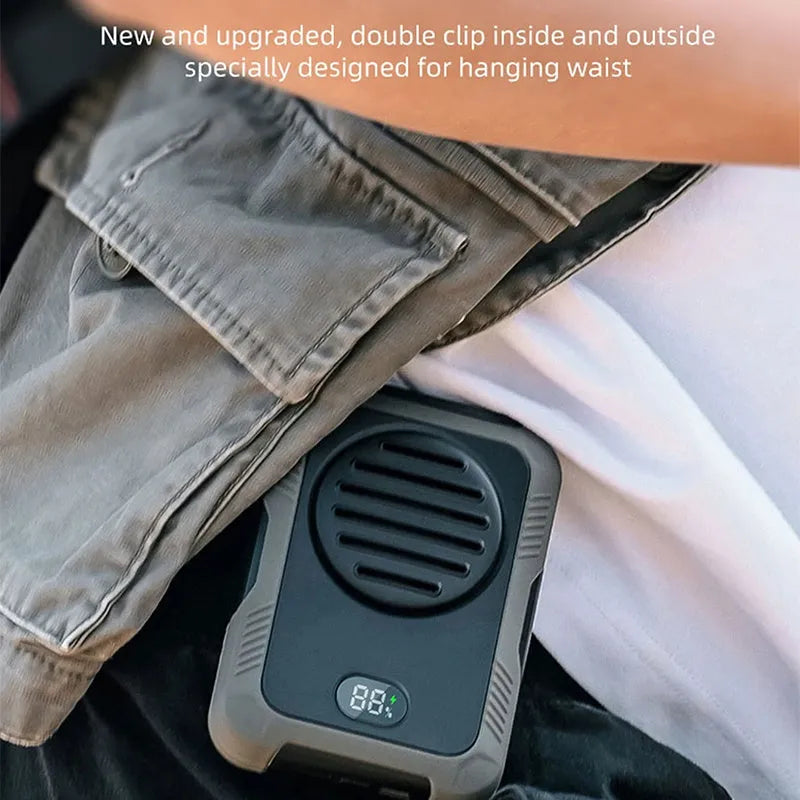 Green portable hanging neck fan for outdoor sports with USB charging cable.