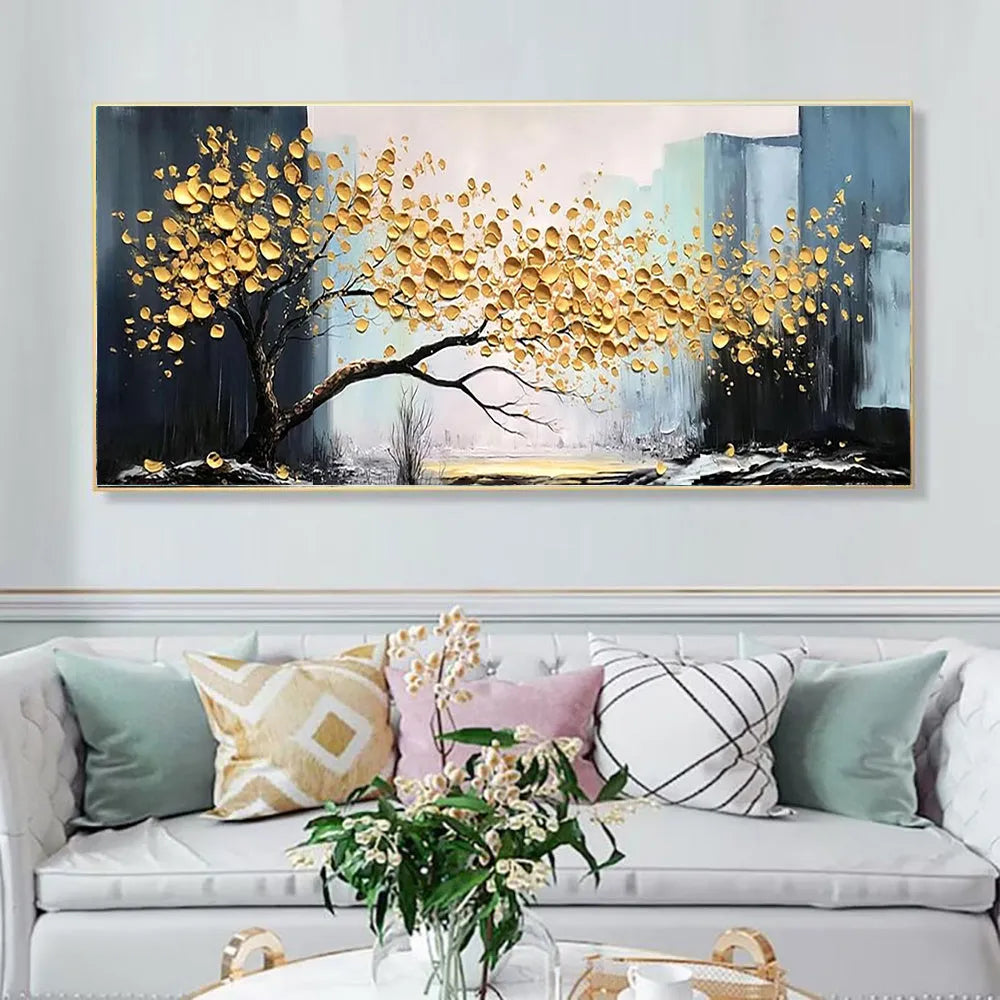 Large handmade oil painting on canvas of a golden tree still life, unframed horizontal single panel for modern wall decor