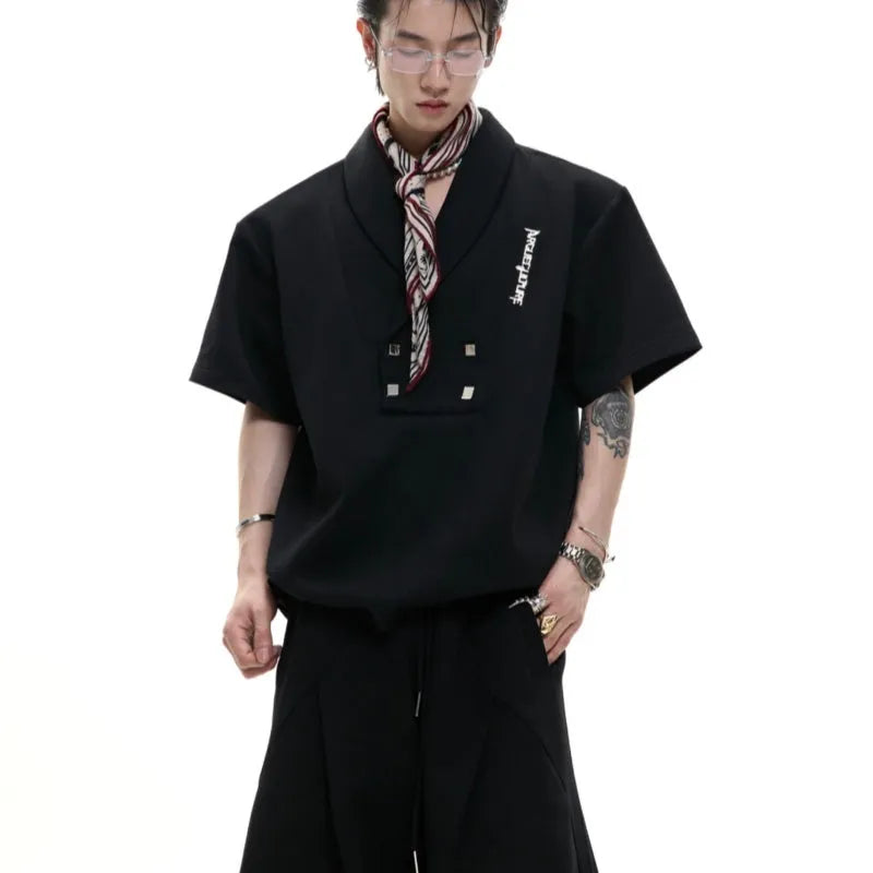 Men's dark grey V-neck cotton sports suit set with padded shoulders, metal embellishments, and matching shorts