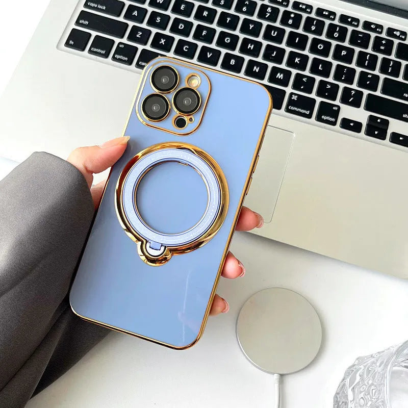 Magnetic suction rotating stand phone case for iPhone in electroplated finish, available in black, white, pink, dark purple, green, blue