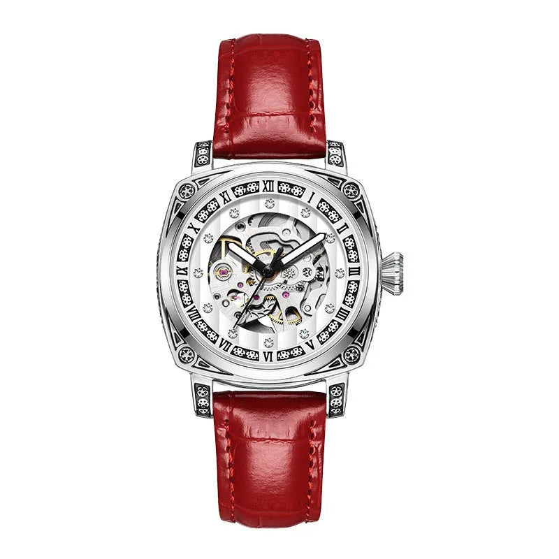 Mechanical wrist watch with luminous hands and leather strap in multiple colour options