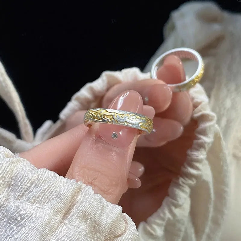White copper open mouth ring with Xiangyun pattern, geometric fairy style, and silver gold electroplated finish.