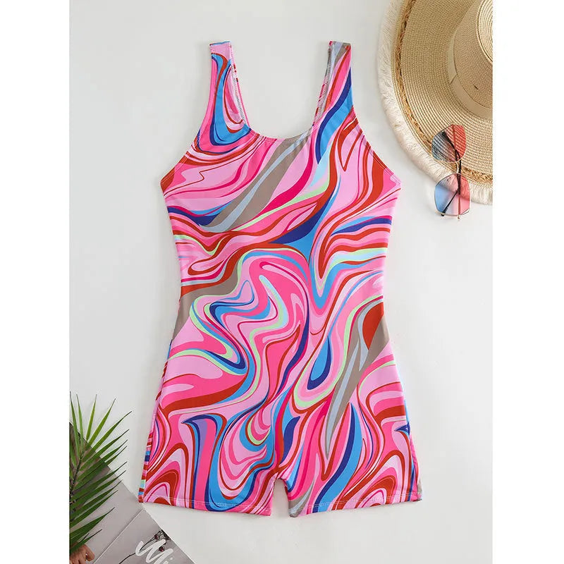 Women's printed high-waist one-piece swimsuit in polyester, shown in two colour options.
