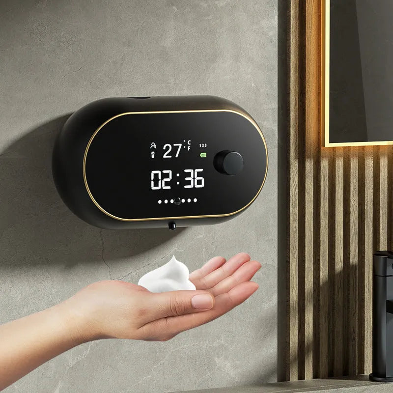 White automatic hand sanitizer foam dispenser mounted on wall with infrared sensor