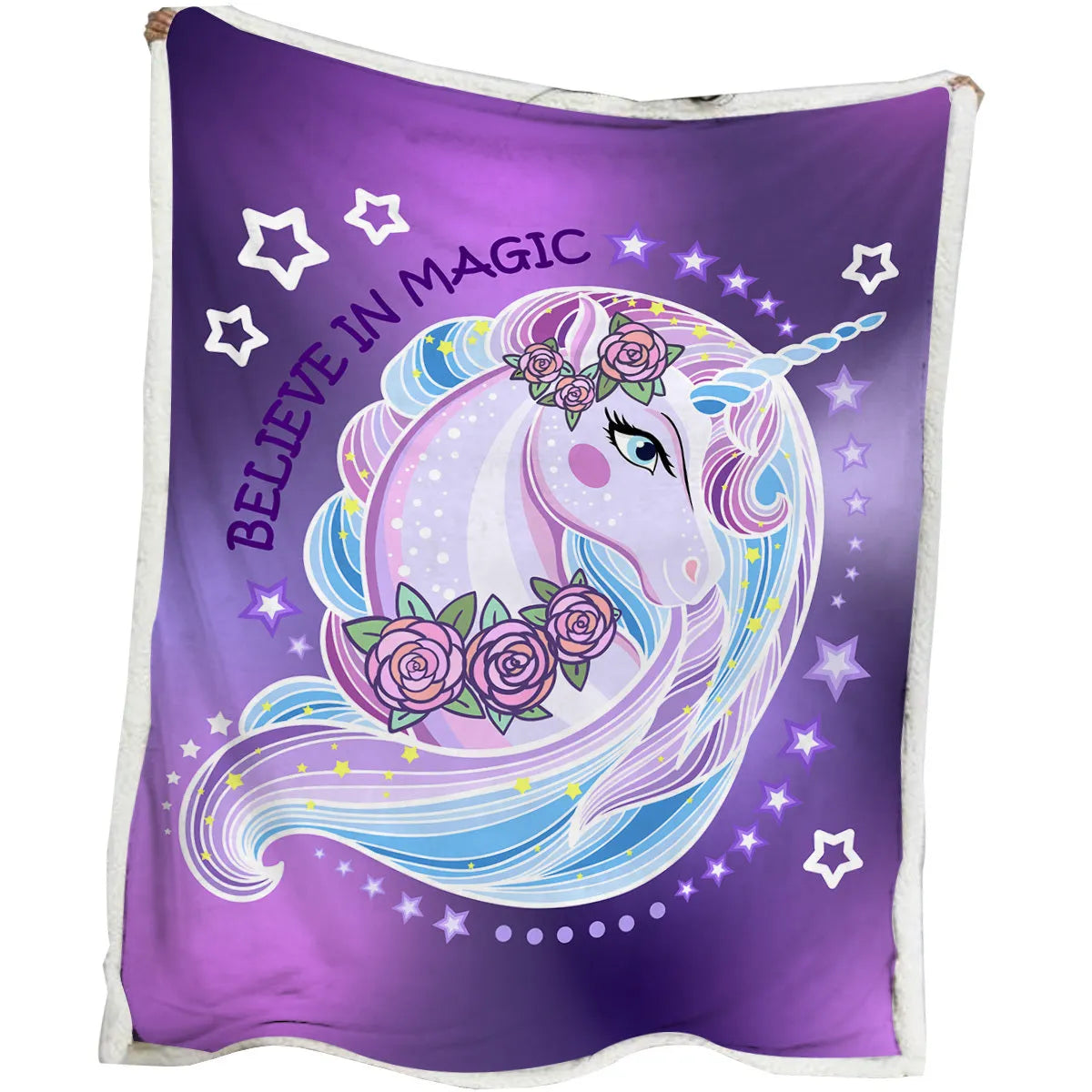 Purple unicorn themed sherpa fleece blanket with hemmed edges, 130x150cm, for sofa or camping