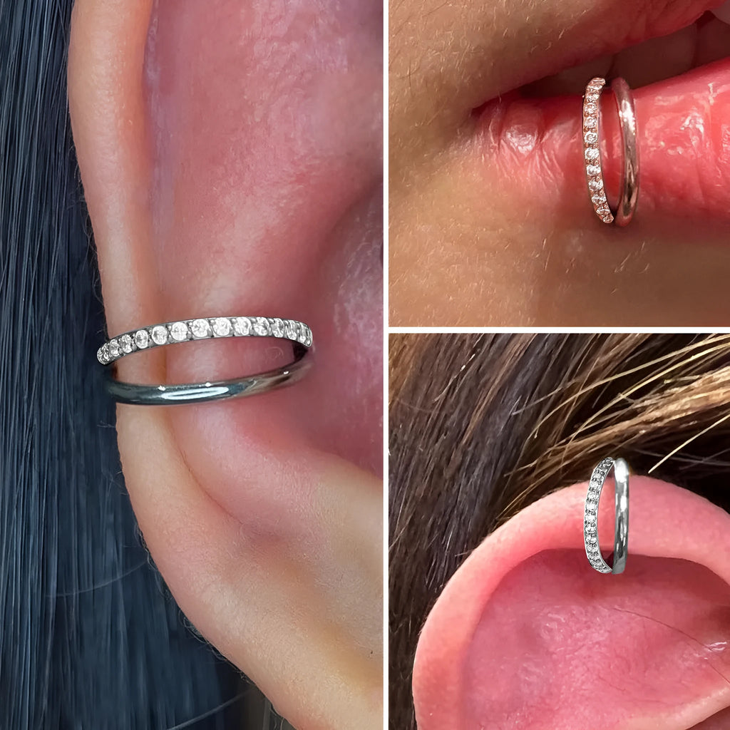 Titanium alloy fork nose ring in silver and rose gold, shown in plain and diamond-set styles.