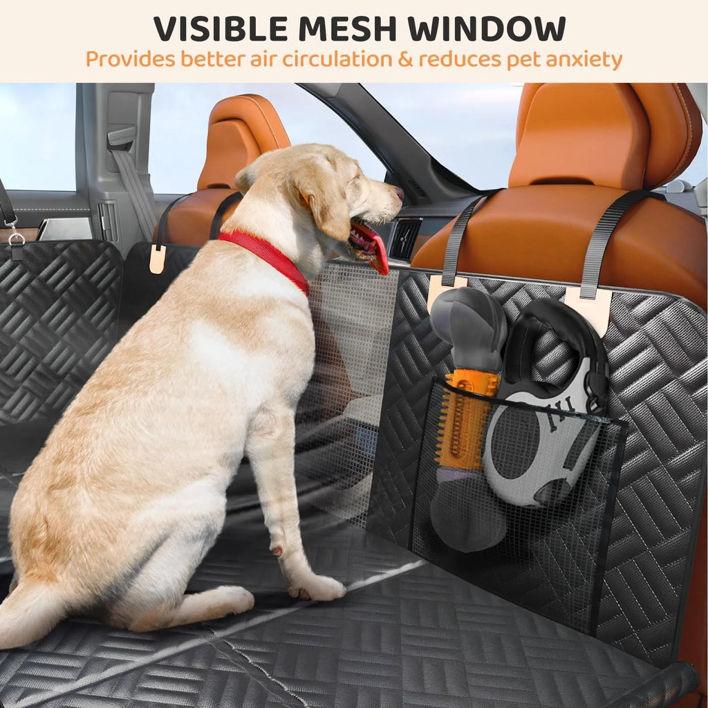 Black cloth car pet mat placed on rear seat for dog travel protection