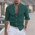 Men's cotton and linen stripes jacquard shirt cardigan in dark blue stripes, loose fit, long sleeves