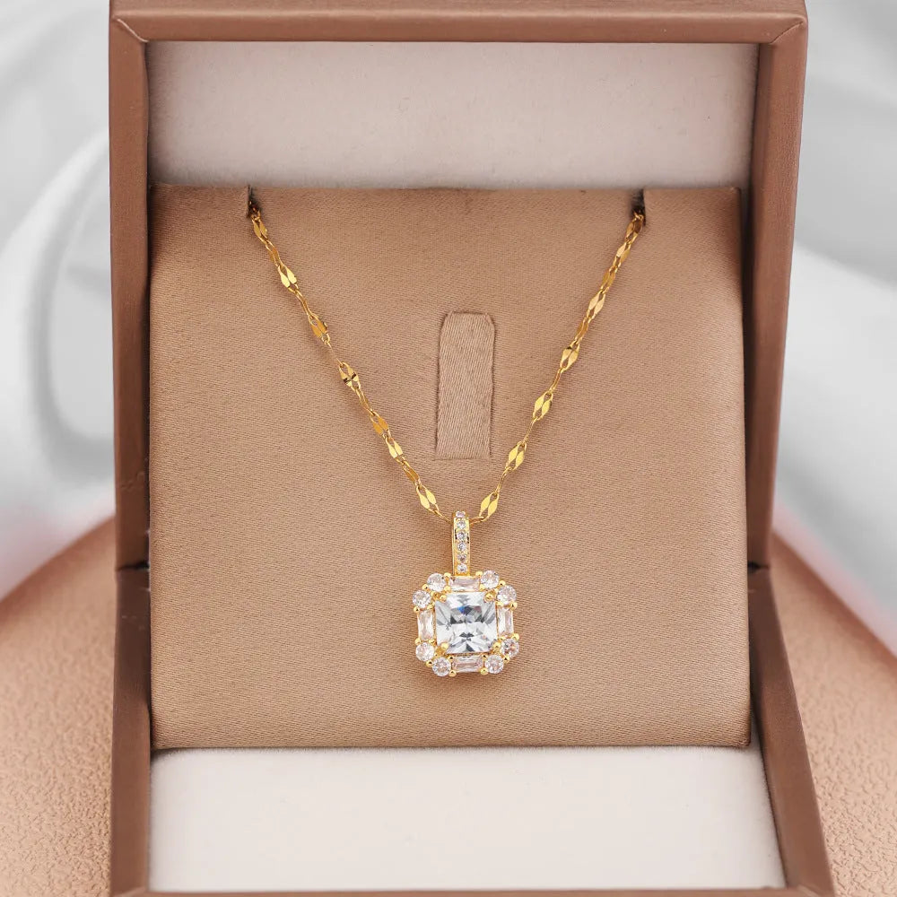 Women's titanium steel clavicle chain necklace with geometric pendant and mixed gemstone inlays