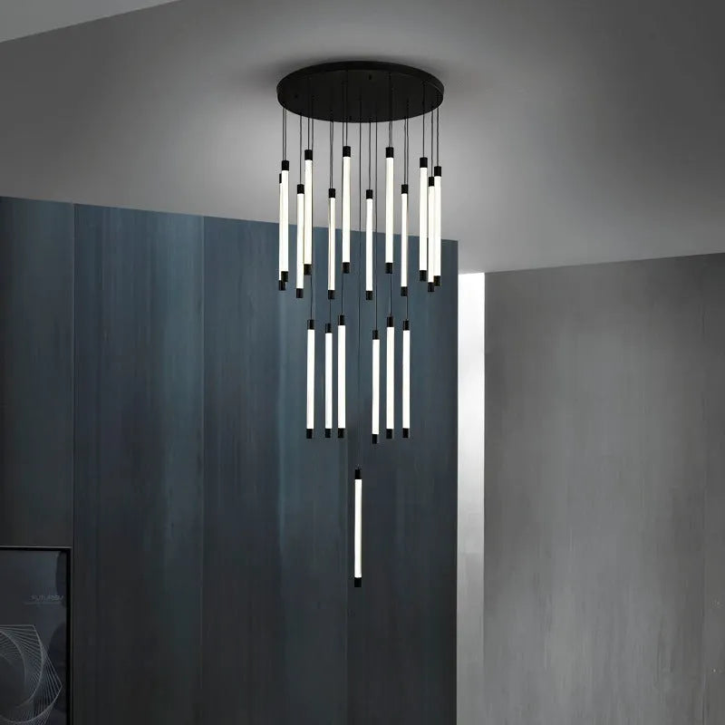 All copper duplex staircase long chandelier with LED light, 800mm diameter, single head, hanging in a tall room