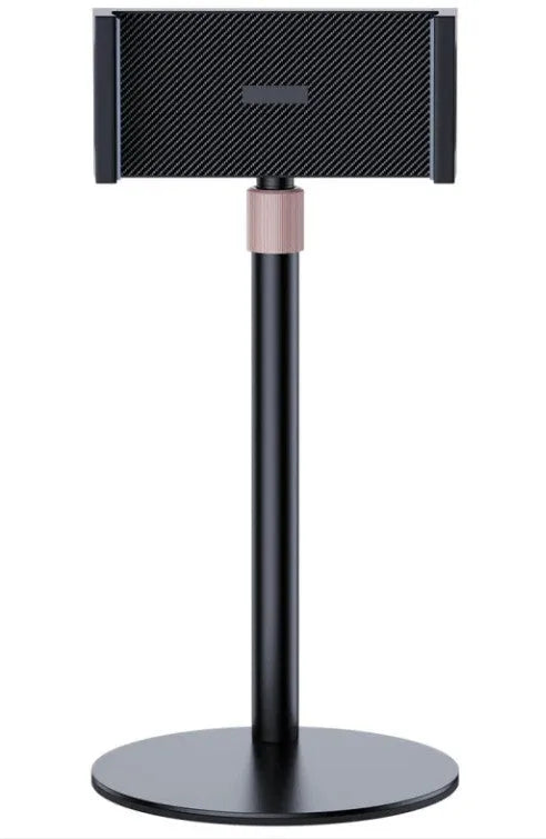 Black adjustable tablet bracket with extended 200mm arm holding an 11 inch tablet on a desk