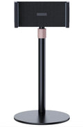 Black adjustable tablet bracket with extended 200mm arm holding an 11 inch tablet on a desk