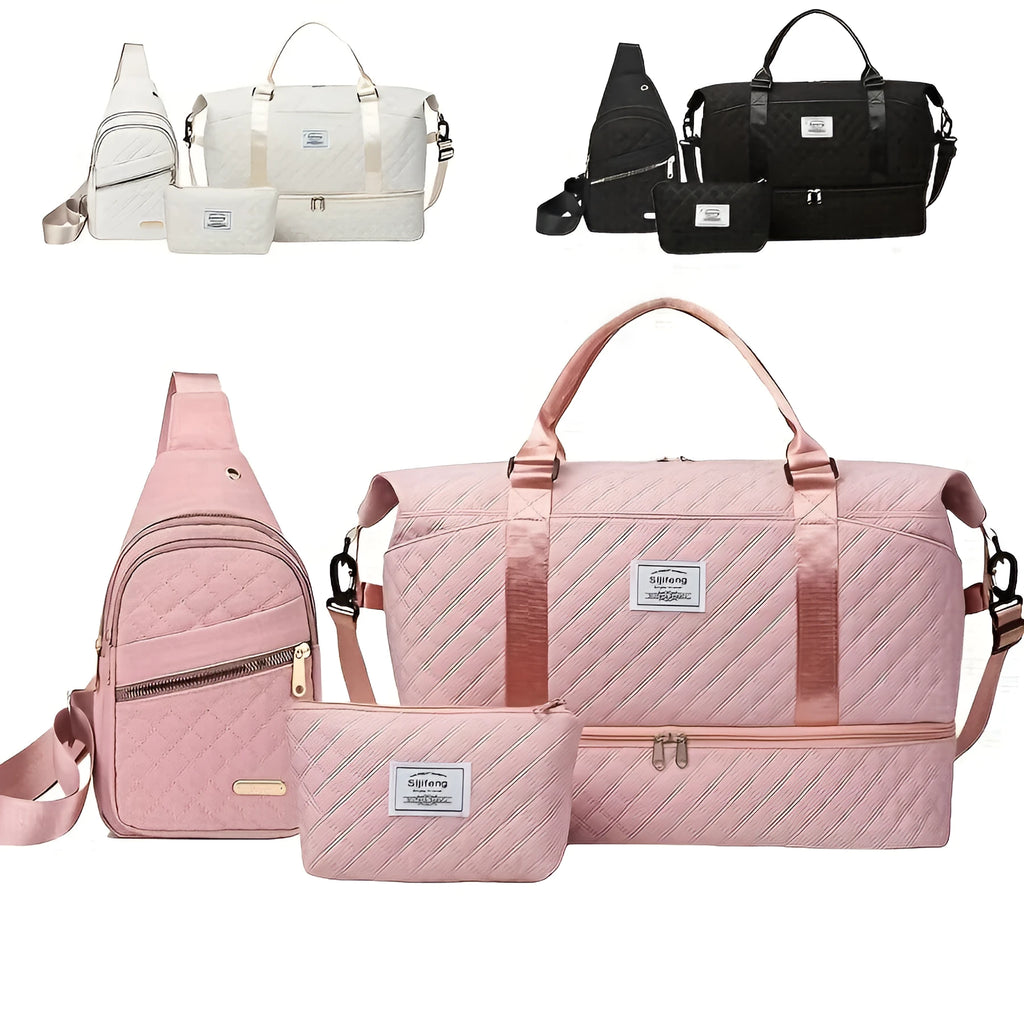 Three-piece travel bag set with waterproof Oxford cloth, two smaller bags, and dry-wet separation in pink black off-white blue