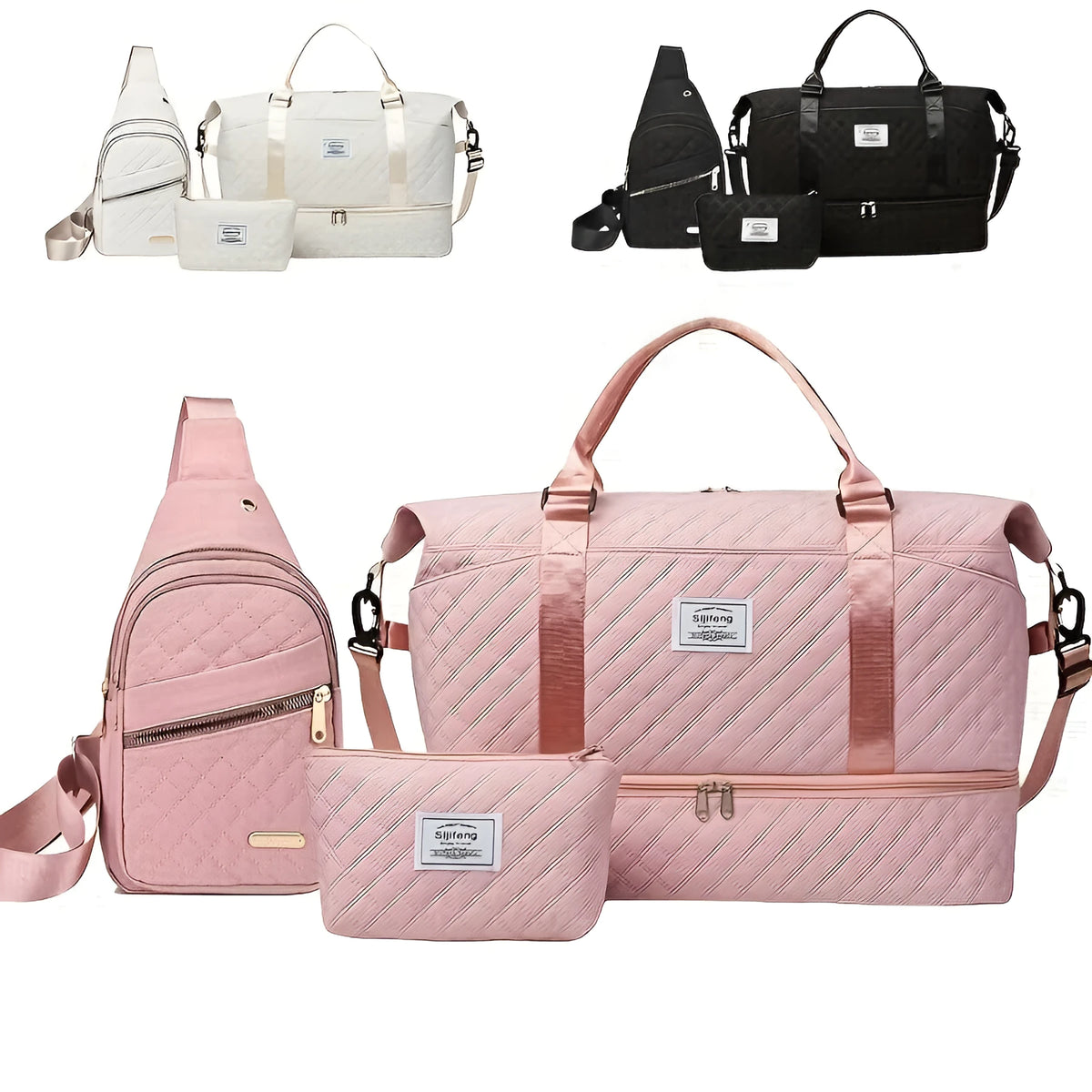 Three-piece travel bag set with waterproof Oxford cloth, two smaller bags, and dry-wet separation in pink black off-white blue