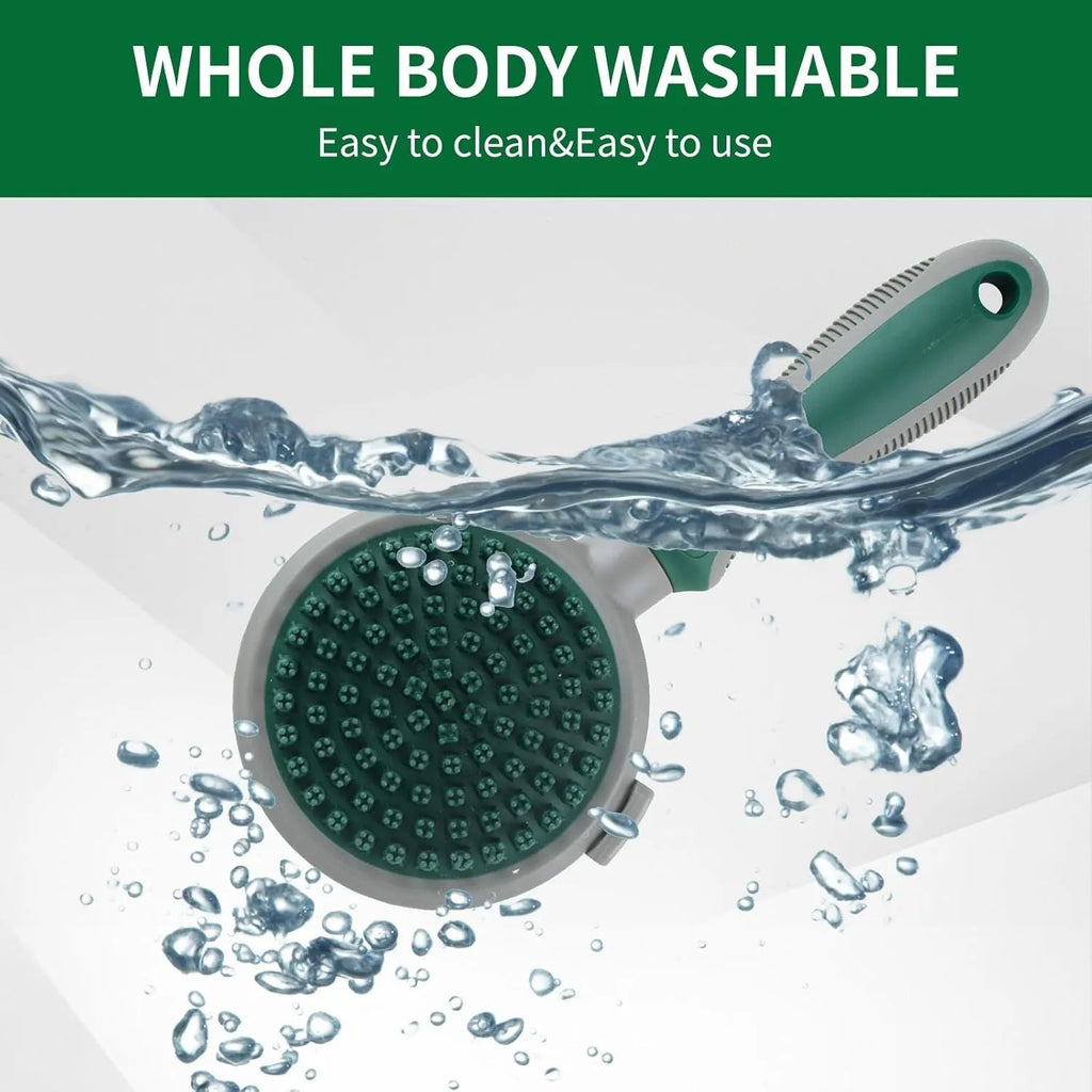 Green and pink dual-sided pet brush showing slicker brush side and silicone massage head side