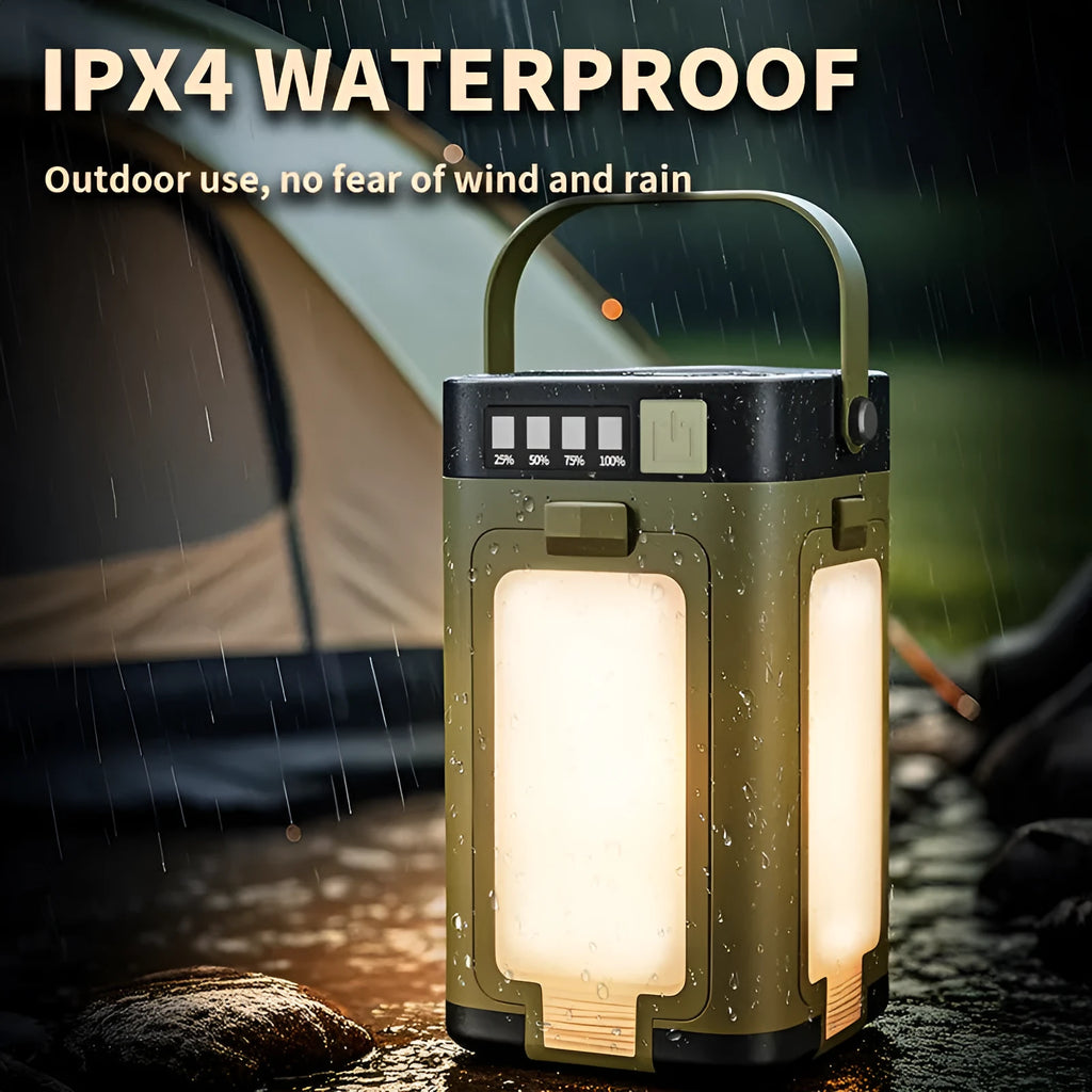 Four-leaf folding solar camping light with built-in 2000 mAh 18650 battery and press switch, 12 x 7 x 7 cm