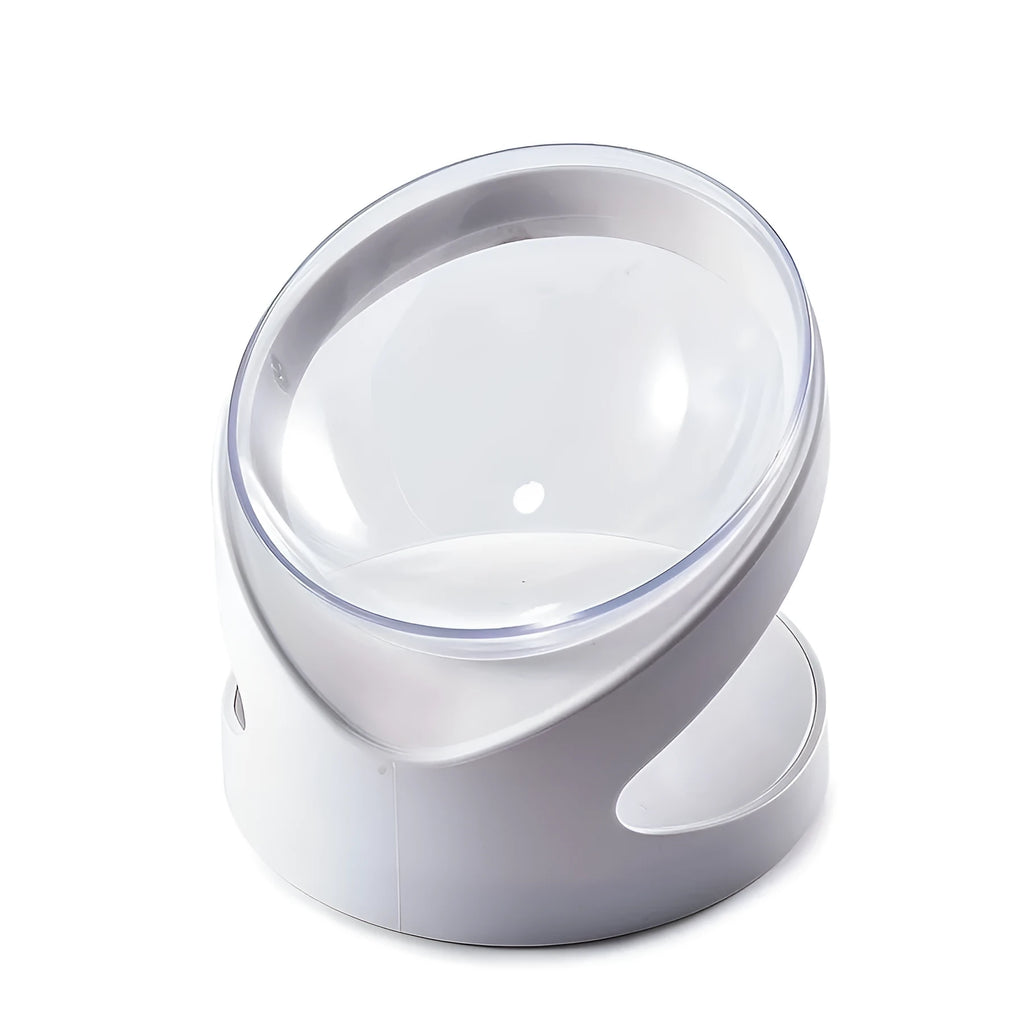 Clear plastic elevated cat food bowl with a tilted feeding platform.
