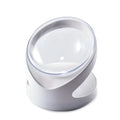 Clear plastic elevated cat food bowl with a tilted feeding platform.