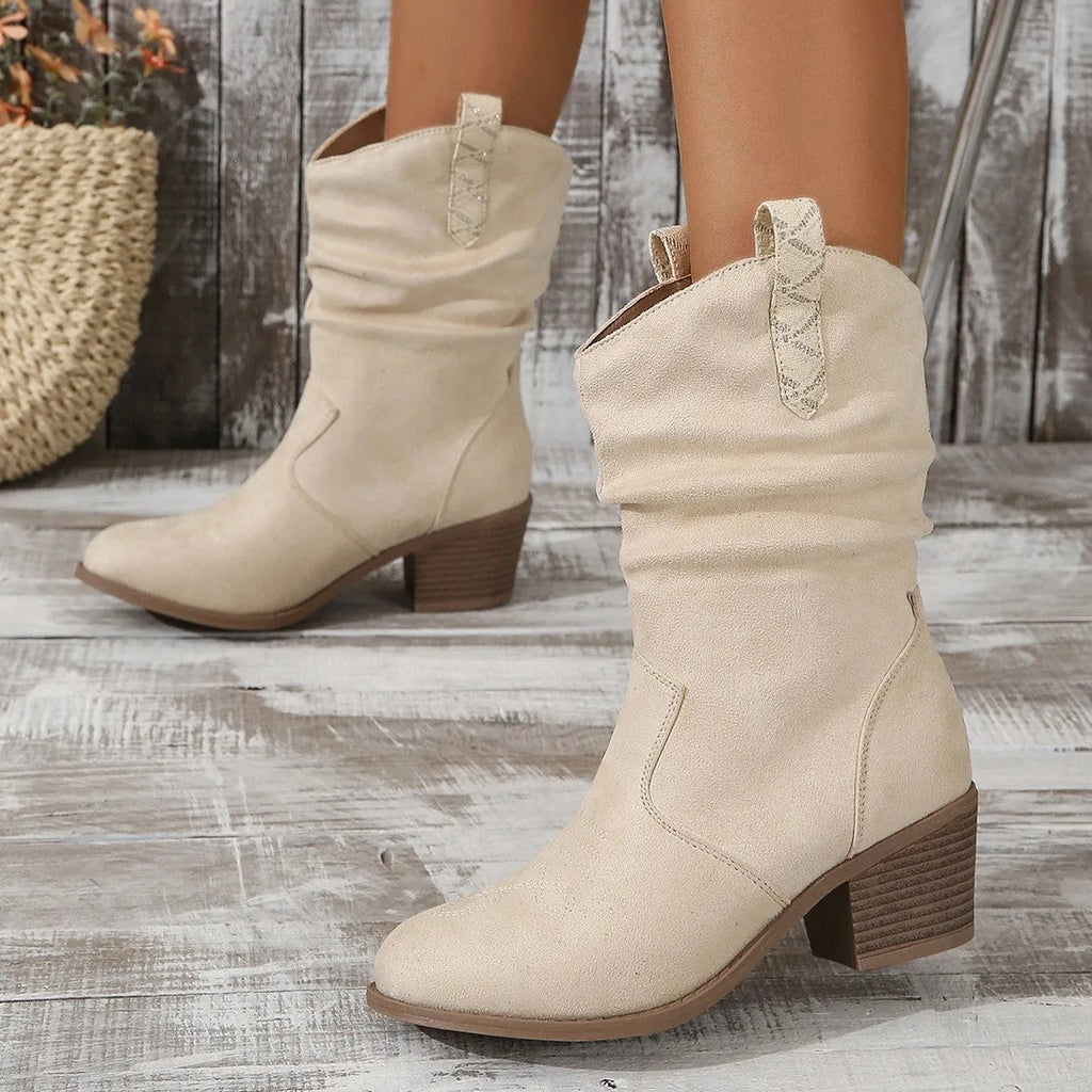 Women's suede mid-calf boots with short stout heel in lotus root colour