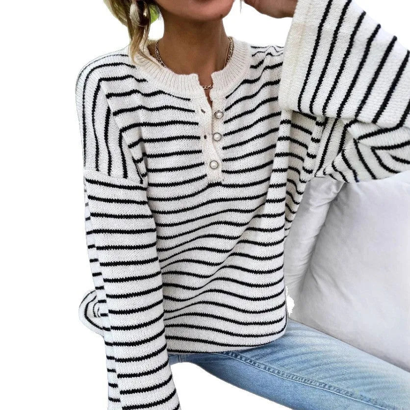 Black striped women's drop-shoulder long sleeve top with button detail
